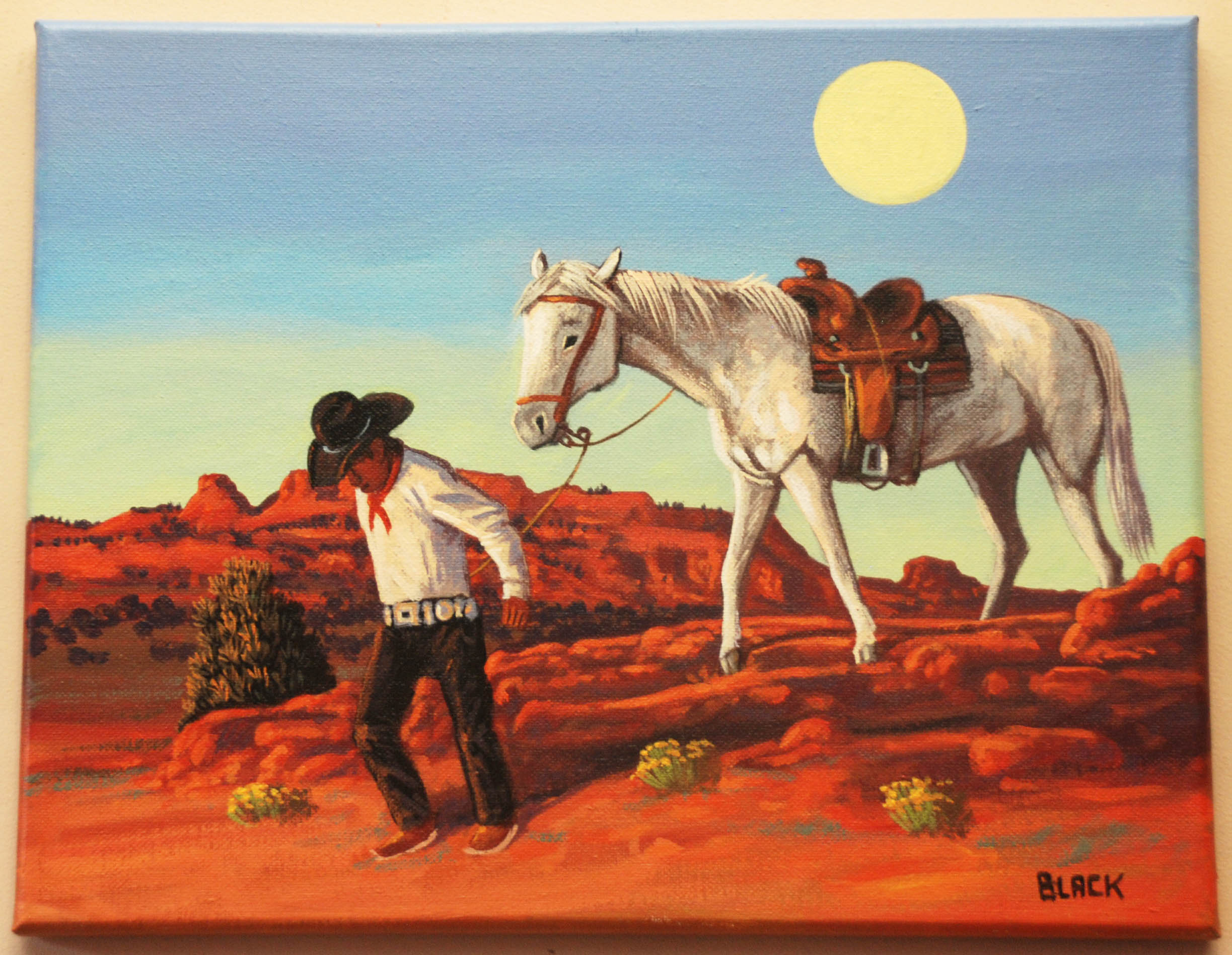 Jack Black | Navajo Cowboy with Full Moon Painting | Penfield Gallery of Indian Arts | Albuquerque, New Mexico